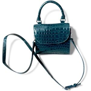 The Drop “Diana” Top Handle Crossbody Bag Dark Teal Patent Croc Silver Hardware